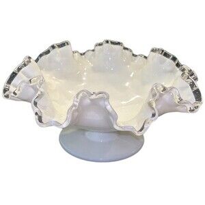 Vintage FENTON Silver Crest Milk Glass Double Ruffle Pedestal Bowl ~ 3.5”h